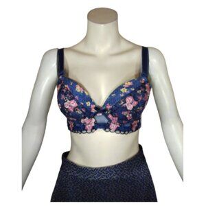 Women Blue Push-up Bra with Lace, Pink Flowers, and removable padding